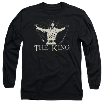 Black men's long sleeve t-shirt with Elvis Presley Ornate King graphic