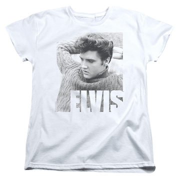 White women's t-shirt with Elvis Presley Relaxing graphic