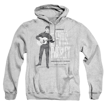 Athletic heather pullover hoodie with Elvis Presley In Person graphic