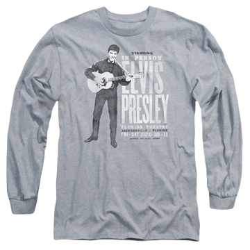 Athletic heather men's long sleeve t-shirt with Elvis Presley In Person graphic