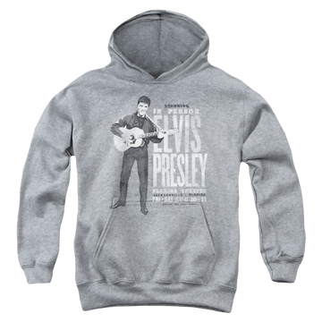 Athletic heather youth hoodie for ages 8 to 12 with Elvis Presley In Person graphic