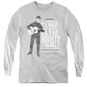Athletic heather youth long sleeve t-shirt with Elvis Presley In Person graphic