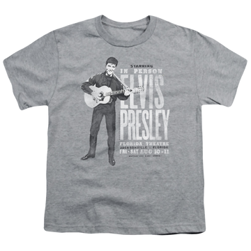 Athletic heather youth t-shirt for ages 8 to 12 with Elvis Presley In Person graphic