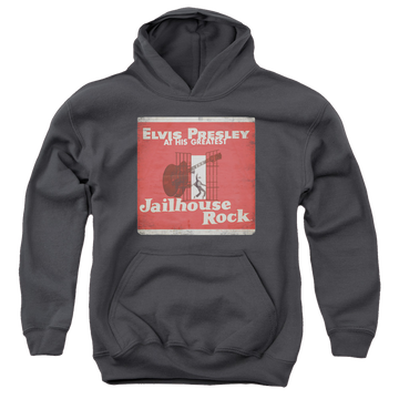 Charcoal youth hoodie for ages 8 to 12 with Elvis Presley Greatest graphic