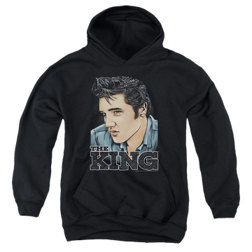 Black youth hoodie for ages 8 to 12 with Elvis Presley Graphic King graphic
