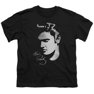 Black youth t-shirt for ages 8 to 12 with Elvis Presley Simple Face graphic