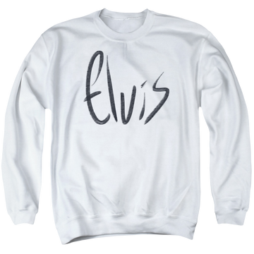 White men's crewneck sweatshirt with Elvis Presley Sketchy Name graphic