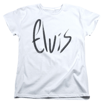 White women's t-shirt with Elvis Presley Sketchy Name graphic