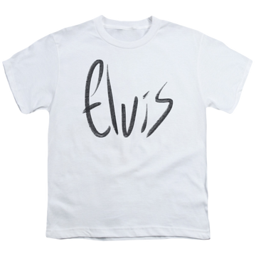 White youth t-shirt for ages 8 to 12 with Elvis Presley Sketchy Name graphic