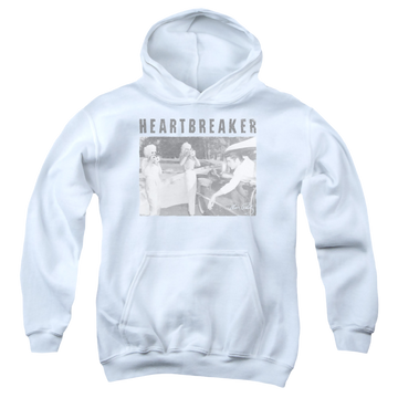 White youth hoodie for ages 8 to 12 with Elvis Presley Heartbreaker graphic