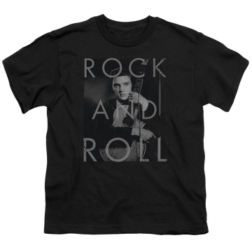 Black youth t-shirt for ages 8 to 12 with Elvis Presley Rock And Roll graphic