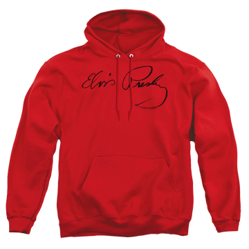 Red pullover hoodie with Elvis Presley Signature Sketch graphic