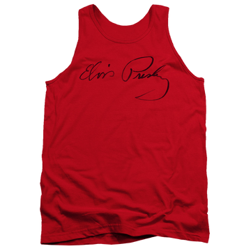 Red men's tank with Elvis Presley Signature Sketch graphic