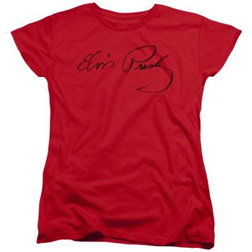 Red women's t-shirt with Elvis Presley Signature Sketch graphic