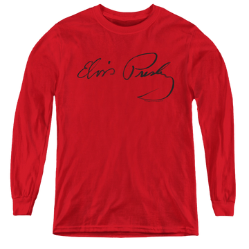 Red youth long sleeve t-shirt with Elvis Presley Signature Sketch graphic