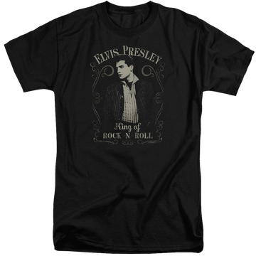 Black men's tall fit t-shirt with Elvis Presley Rock Legend graphic