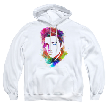 White pullover hoodie with Elvis Presley Watercolor King graphic