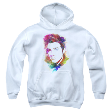 White youth hoodie for ages 8 to 12 with Elvis Presley Watercolor King graphic