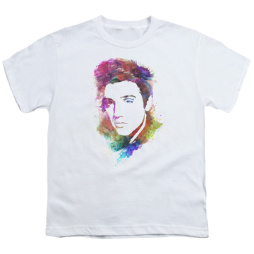 White youth t-shirt for ages 8 to 12 with Elvis Presley Watercolor King graphic