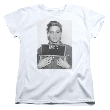 White women's t-shirt with Elvis Presley Army Mug Shot graphic