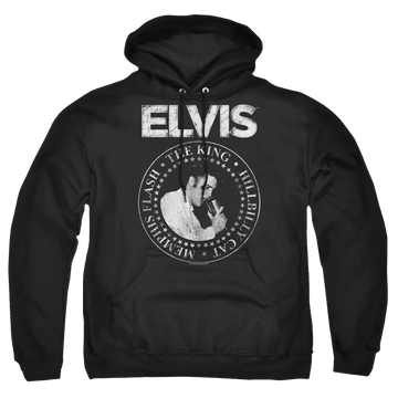 Black pullover hoodie with Elvis Presley Rock King graphic