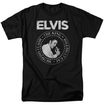 Black men's regular fit t-shirt with Elvis Presley Rock King graphic