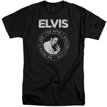 Black men's tall fit t-shirt with Elvis Presley Rock King graphic