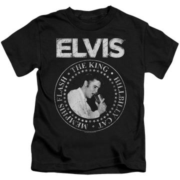 Black kid's t-shirt for ages 4 to 7 with Elvis Presley Rock King graphic