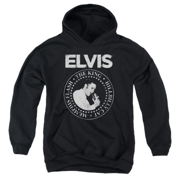 Black youth hoodie for ages 8 to 12 with Elvis Presley Rock King graphic