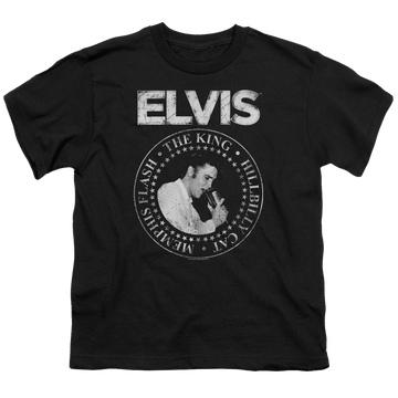 Black youth t-shirt for ages 8 to 12 with Elvis Presley Rock King graphic