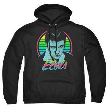 Black pullover hoodie with Elvis Presley Neon King graphic