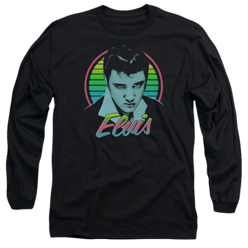 Black men's long sleeve t-shirt with Elvis Presley Neon King graphic