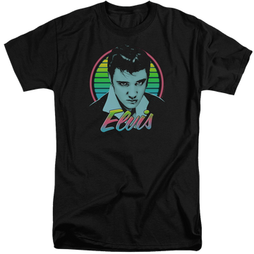 Black men's tall fit t-shirt with Elvis Presley Neon King graphic