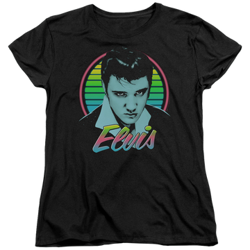 Black women's t-shirt with Elvis Presley Neon King graphic