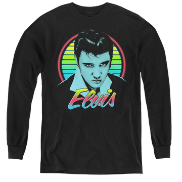 Black youth long sleeve t-shirt with Elvis Presley Neon King graphic