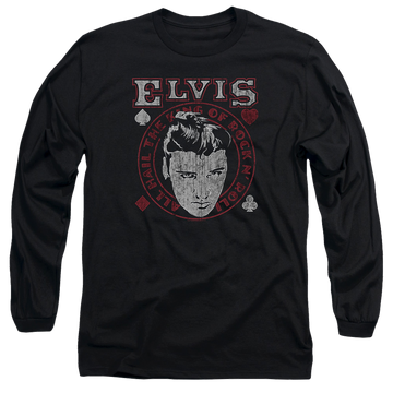 Black men's long sleeve t-shirt with Elvis Presley Hail The King graphic