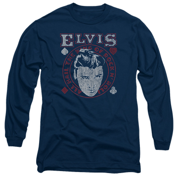 Navy men's long sleeve t-shirt with Elvis Presley Hail The King graphic