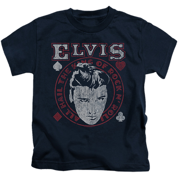 Navy kid's t-shirt for ages 4 to 7 with Elvis Presley Hail The King graphic