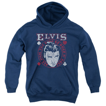 Navy youth hoodie for ages 8 to 12 with Elvis Presley Hail The King graphic