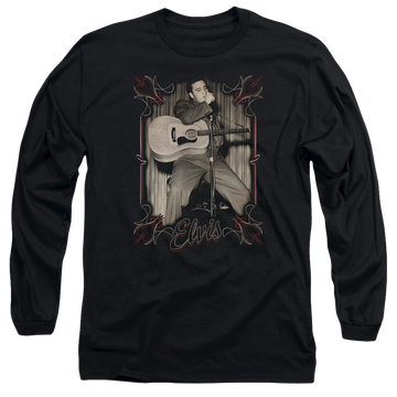 Black men's long sleeve t-shirt with Elvis Presley Elvis Pinstripes graphic
