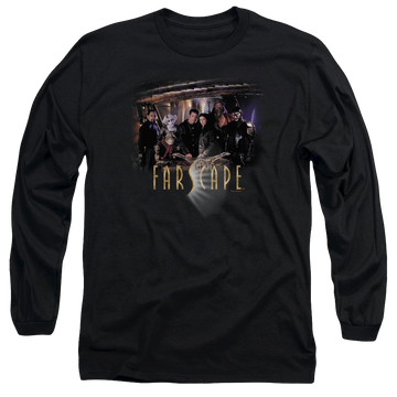 Black men's long sleeve t-shirt with Farscape Cast graphic