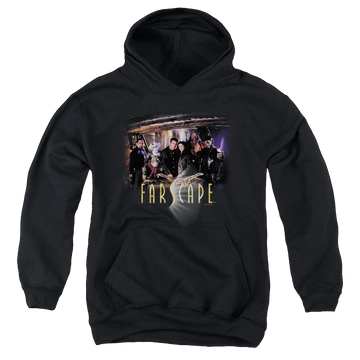Black youth hoodie for ages 8 to 12 with Farscape Cast graphic