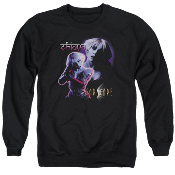Black men's crewneck sweatshirt with Farscape Chiana graphic