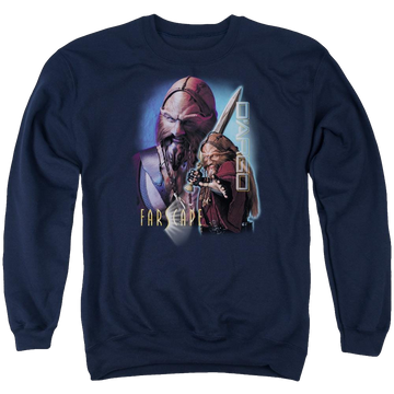 Navy men's crewneck sweatshirt with Farscape D'argo graphic