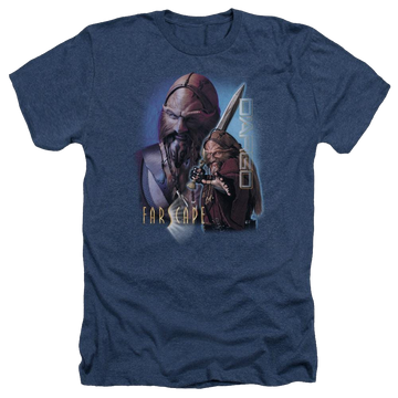 Navy men's heather t-shirt with Farscape Dargo graphic