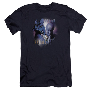 Navy men's premium slim fit t-shirt with Farscape Zhaan Premium graphic