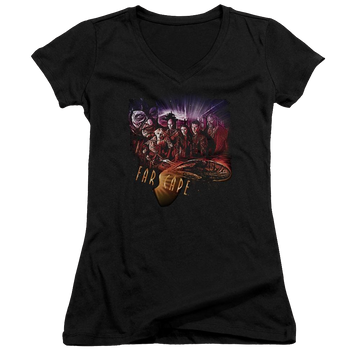 Black juniors v-neck t-shirt with Farscape Graphic Collage graphic