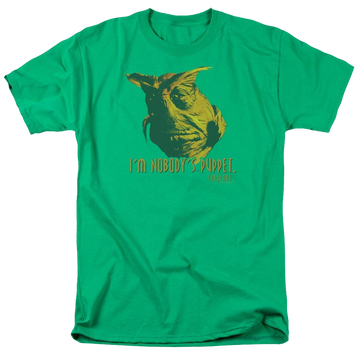Kelly green men's regular fit t-shirt with Farscape Nobodys Puppet graphic