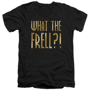 Black men's v-neck t-shirt with Farscape What The Frell graphic