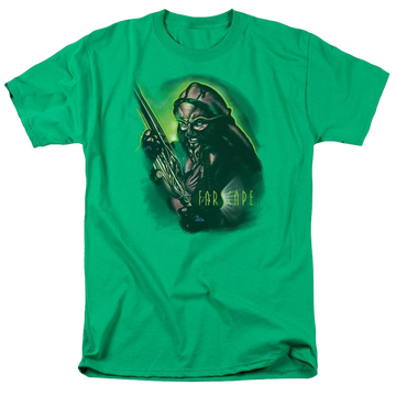 Kelly green men's regular fit t-shirt with Farscape Dargo Warrior graphic